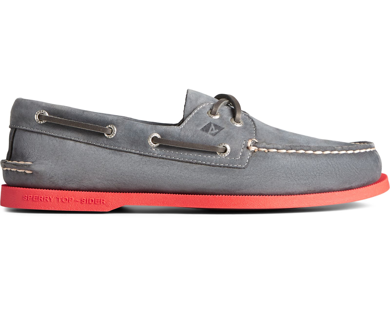 Men's Authentic Original 2-Eye Color Sole Boat Shoe - Grey/Red - Click Image to Close