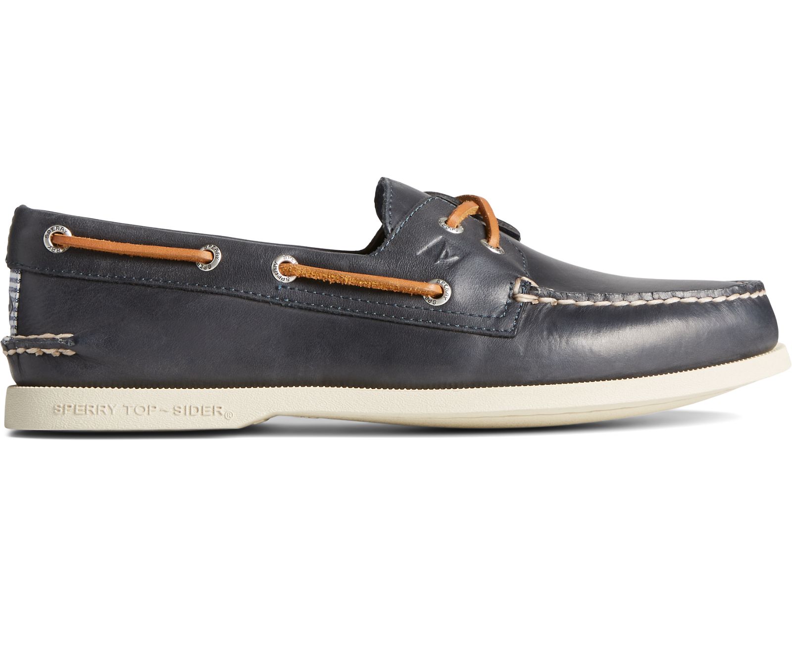 Men's Authentic Original Cross Lace Washed Stripe Boat Shoe - Navy - Click Image to Close