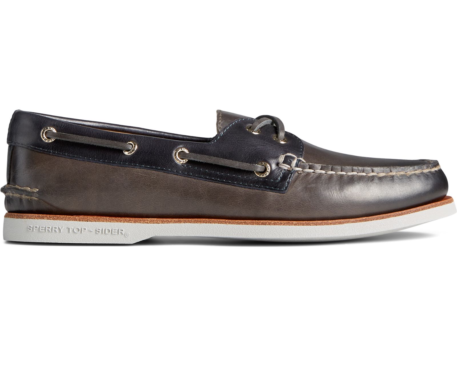 Men's Gold Cup Authentic Original 2-Eye Burnished Leather Boat Shoe - Grey/Navy - Click Image to Close