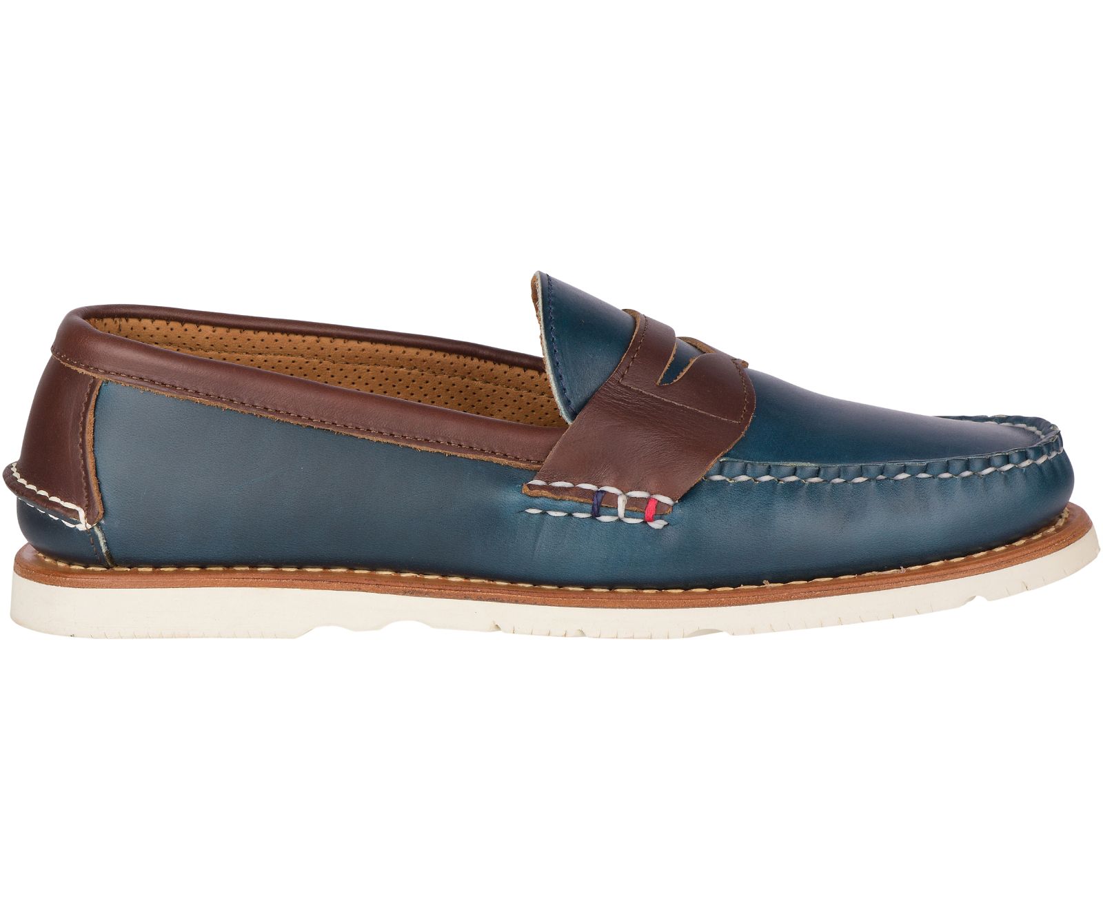 Men's Gold Cup Handcrafted in Maine Penny Loafer - Navy/Brown - Click Image to Close