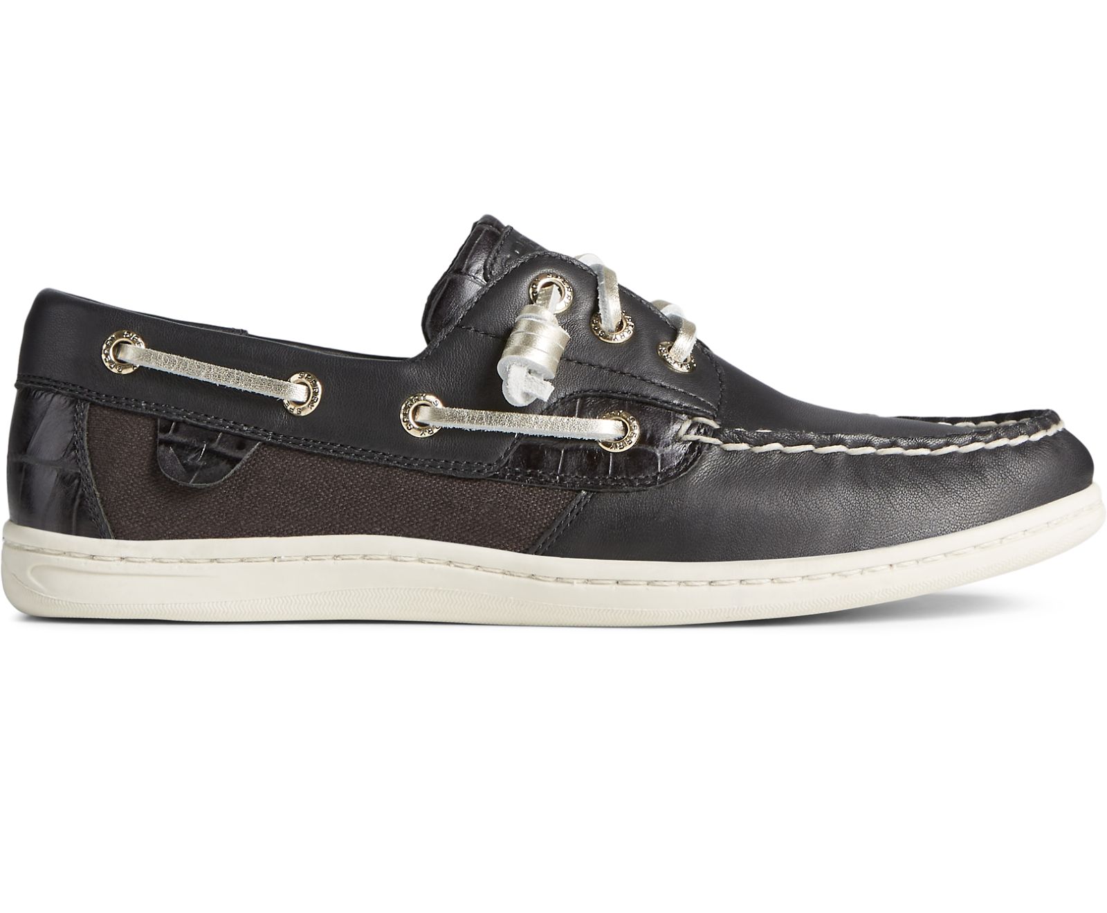 Women's Songfish Croc Leather Boat Shoe - Black - Click Image to Close