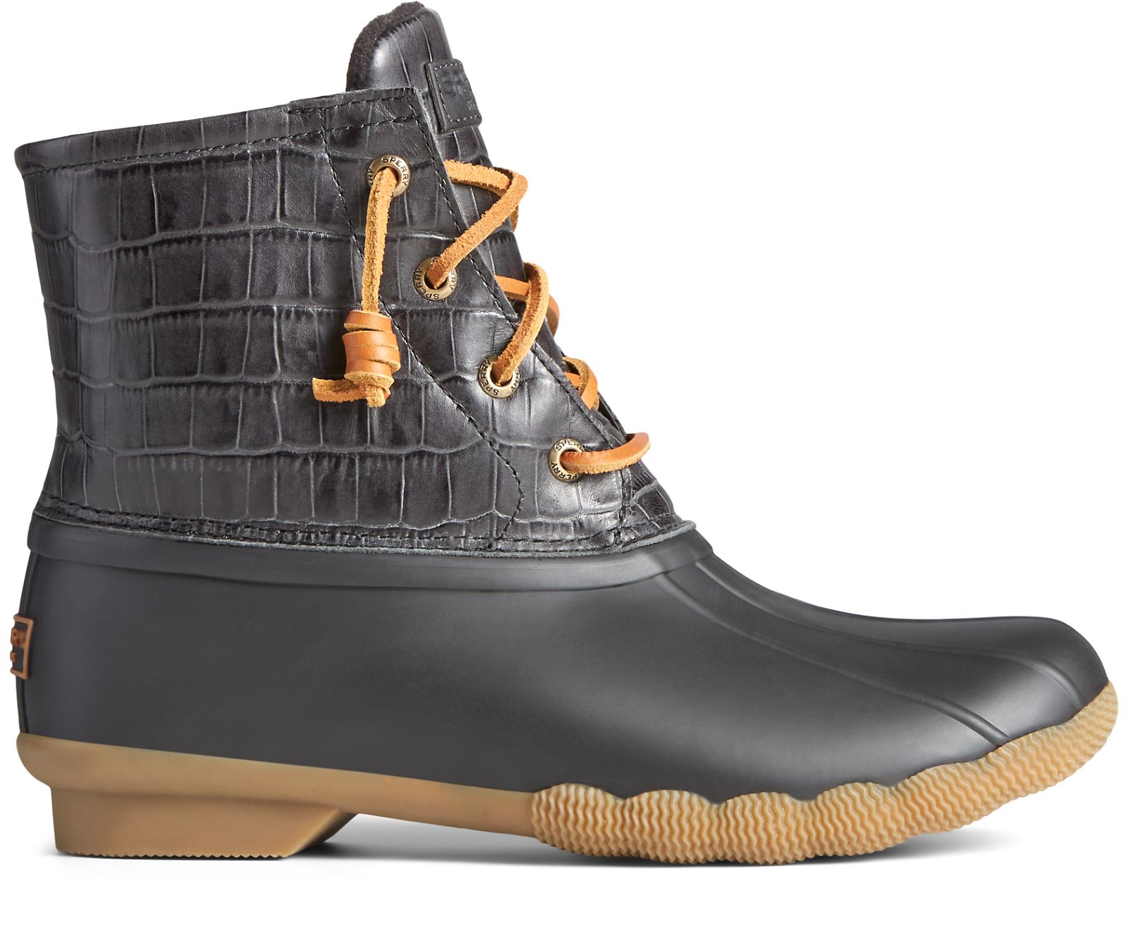 Women's Saltwater Croc Leather Duck Boot - Black - Click Image to Close