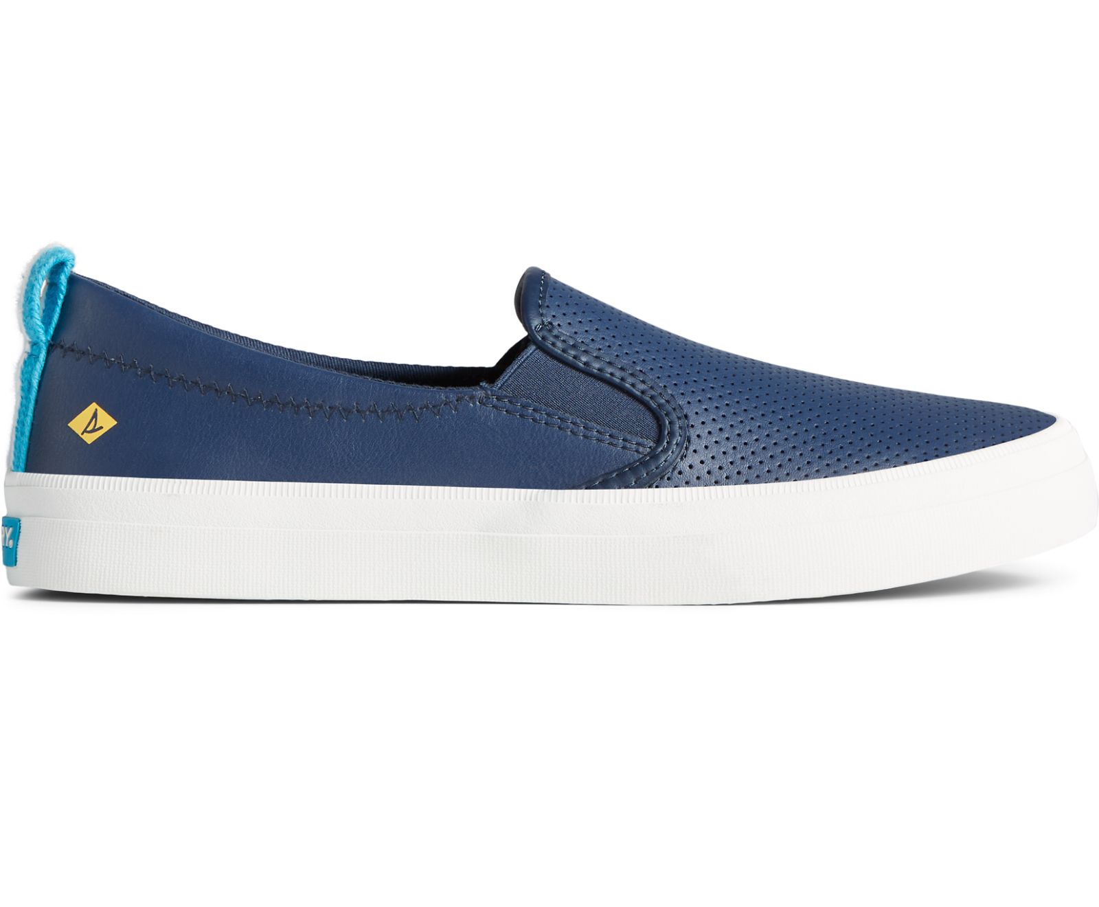 Women's Crest Twin Gore Leather Slip On Sneaker - Navy - Click Image to Close