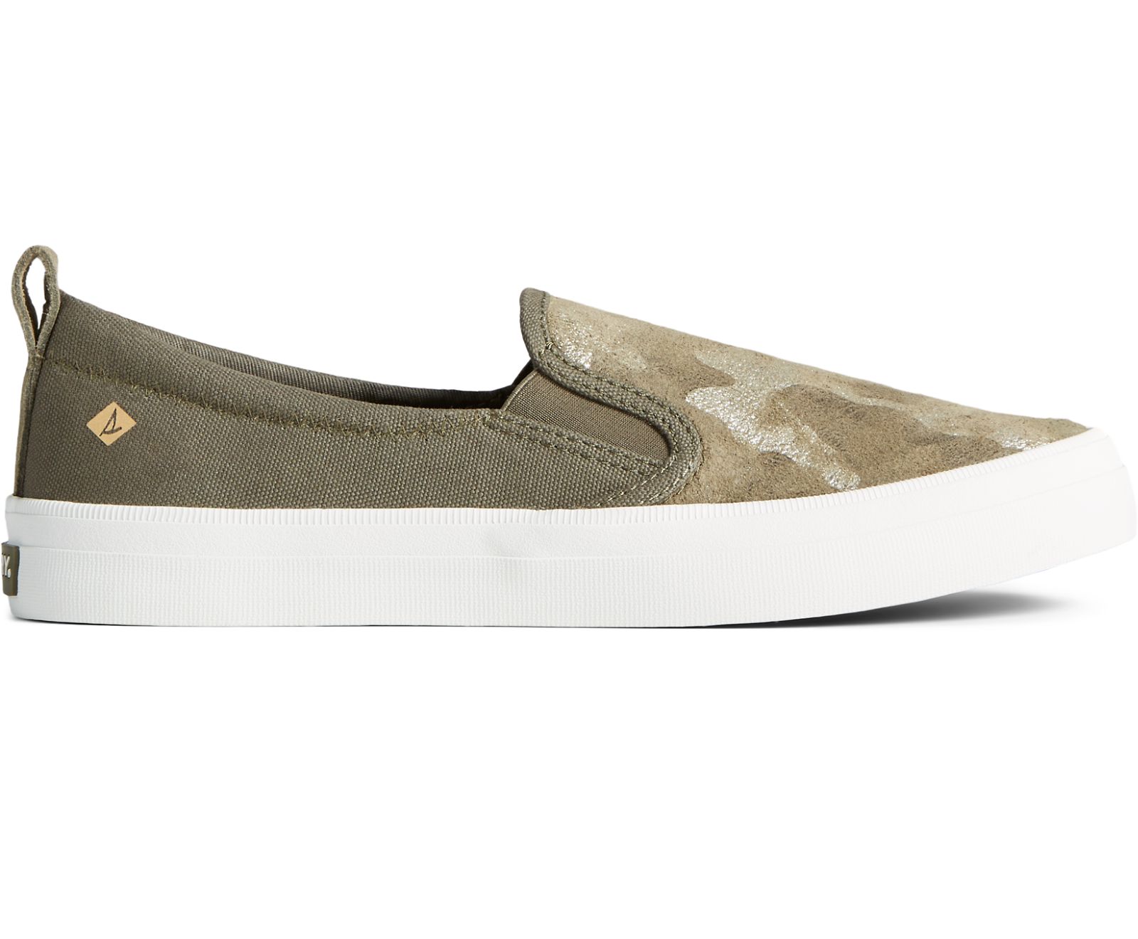 Women's Crest Twin Gore Camo Metallic Leather Slip On Sneaker - Olive - Click Image to Close