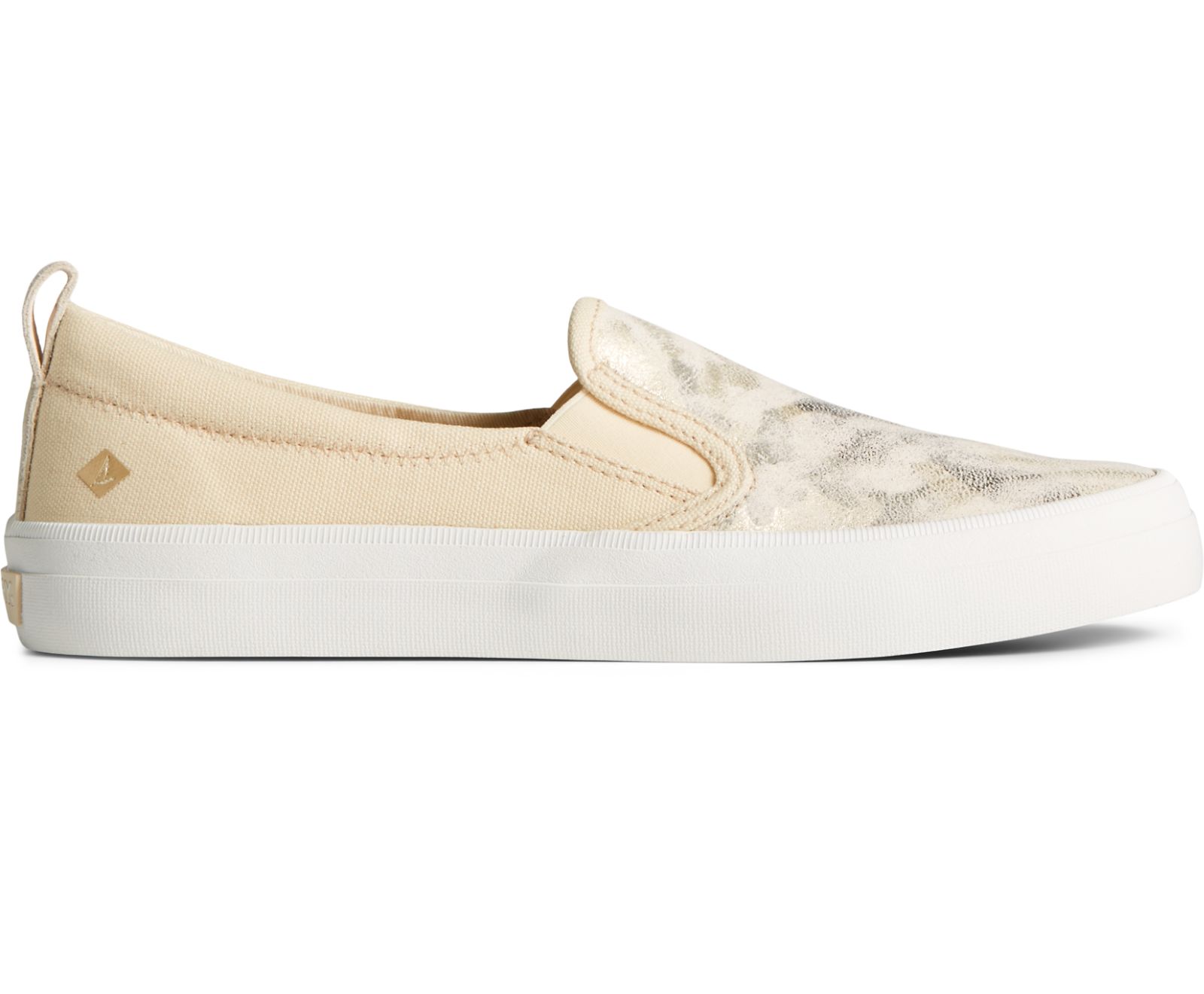 Women's Crest Twin Gore Camo Metallic Leather Slip On Sneaker - Ivory - Click Image to Close