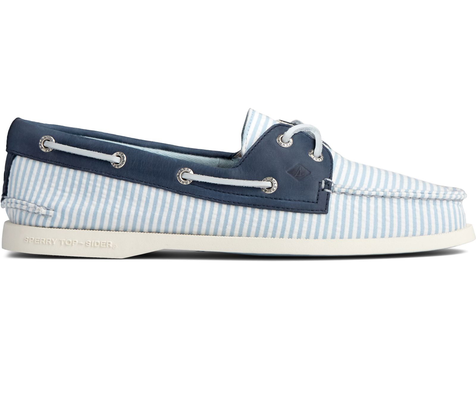 Women's Authentic Original Seersucker Stripe Boat Shoe - Blue - Click Image to Close