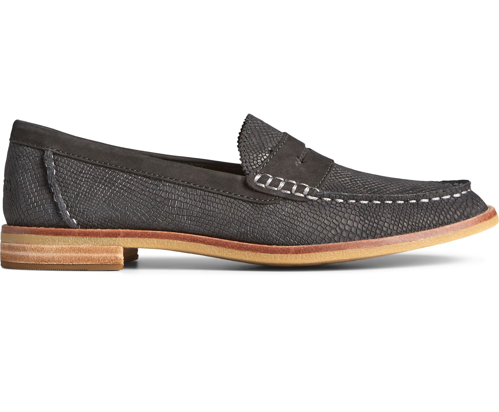 Women's Seaport Penny Exotic Leather Loafer - Black - Click Image to Close